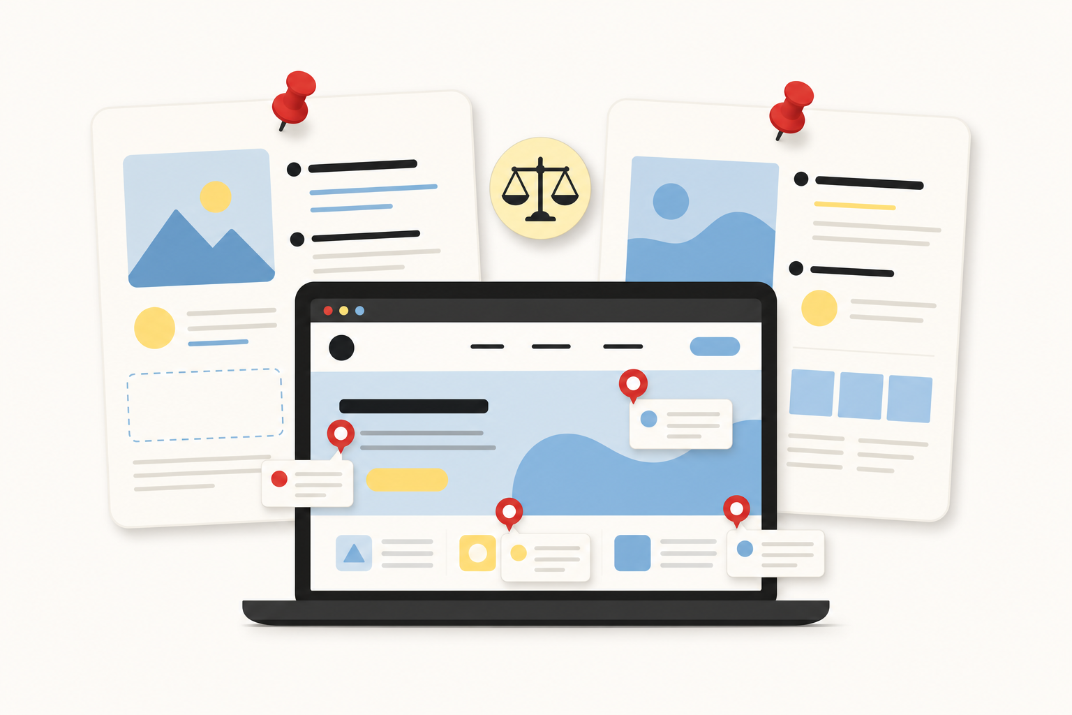 Website proofing tools compared — red pins dropped on a web page mockup