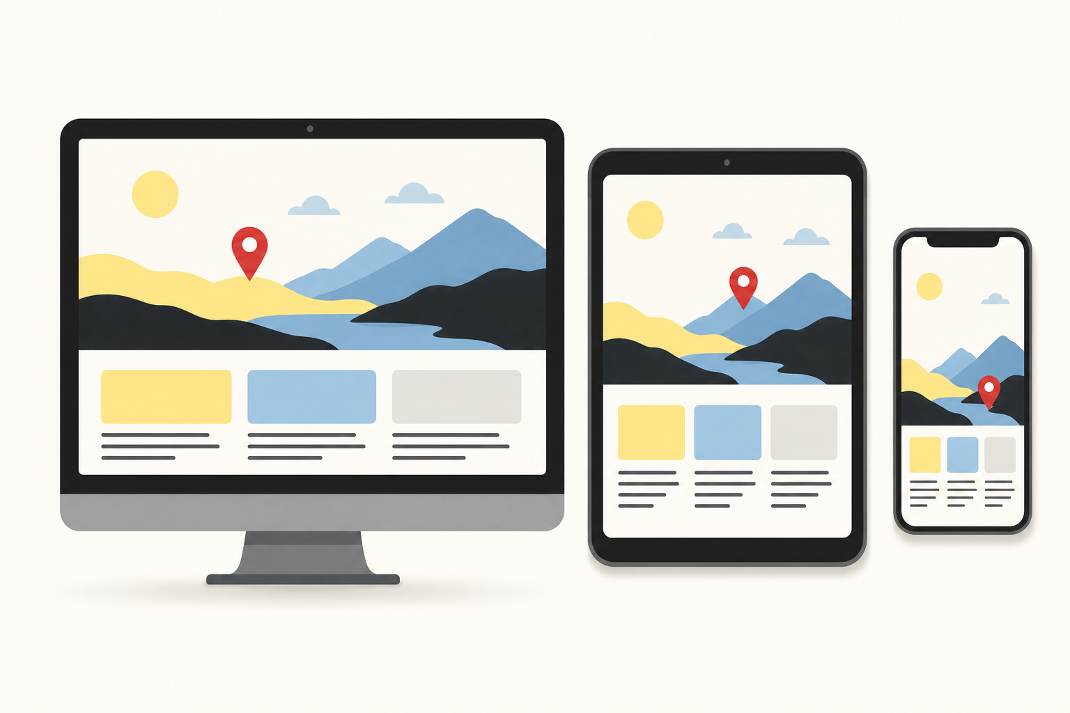 Desktop, tablet, and mobile viewports each showing a website with separate red pins